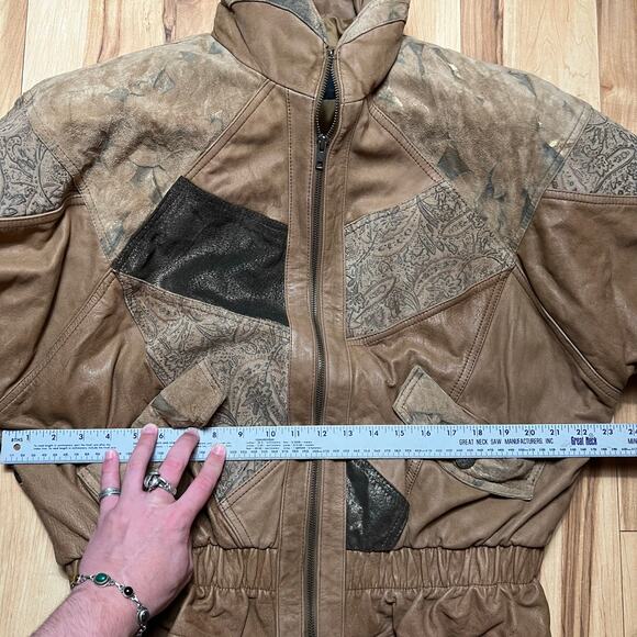 VINTAGE 80s Winlit Patchwork Leather Jacket Size M Western Bomber Jacket Printed - Picture 3 of 8